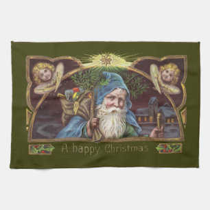 Victorian Santa Angels Blue Christmas Vintage Art Tea Towel