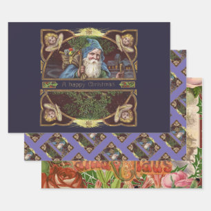 Victorian Santa Angels Blue Christmas Vintage Art Wrapping Paper Sheet