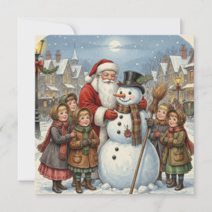 Victorian Santa Claus, Christmas Snowman Holiday Card