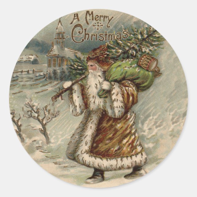 Victorian Santa Claus Christmas Tree Classic Round Sticker (Front)