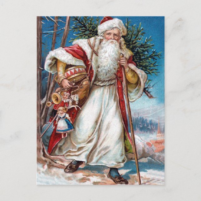 Victorian Santa Claus in Red Velvet and White Fur Holiday Postcard (Front)