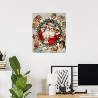 Victorian Santa Claus on Telephone with Children Poster