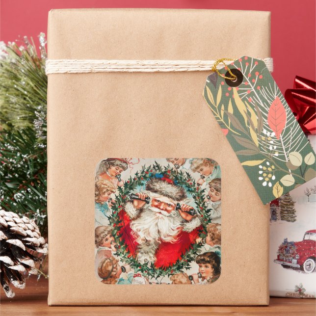 Victorian Santa Claus on Telephone with Children Square Sticker (Holiday)