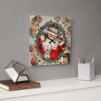Victorian Santa Claus on Telephone with Children Square Wall Clock