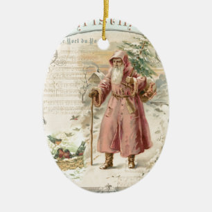 Victorian Santa Claus Pink Tree Birds Christmas Ceramic Tree Decoration