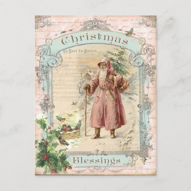 Victorian Santa Claus Pink Tree Birds Christmas Holiday Postcard (Front)