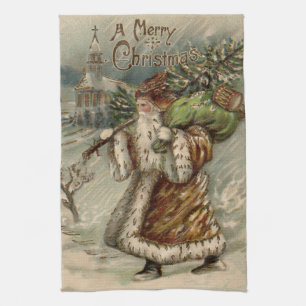 Victorian Santa Claus With Christmas Tree Tea Towel