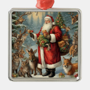 Victorian Santa with Present and Forest Animals  Metal Tree Decoration