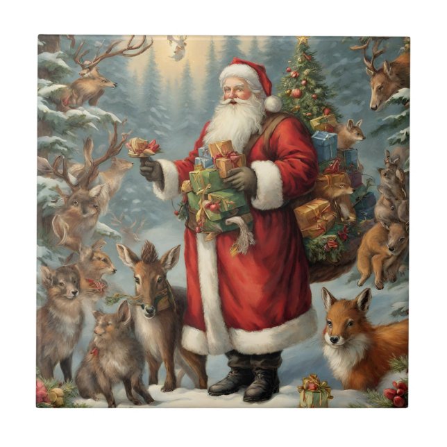Victorian Santa with Present and Forest Animals  Tile (Front)