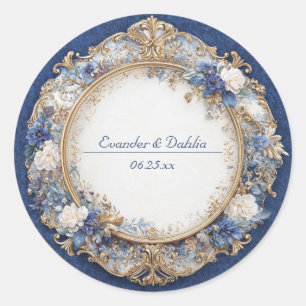 Victorian Sapphire Blue Gold Floral Wedding Classic Round Sticker
