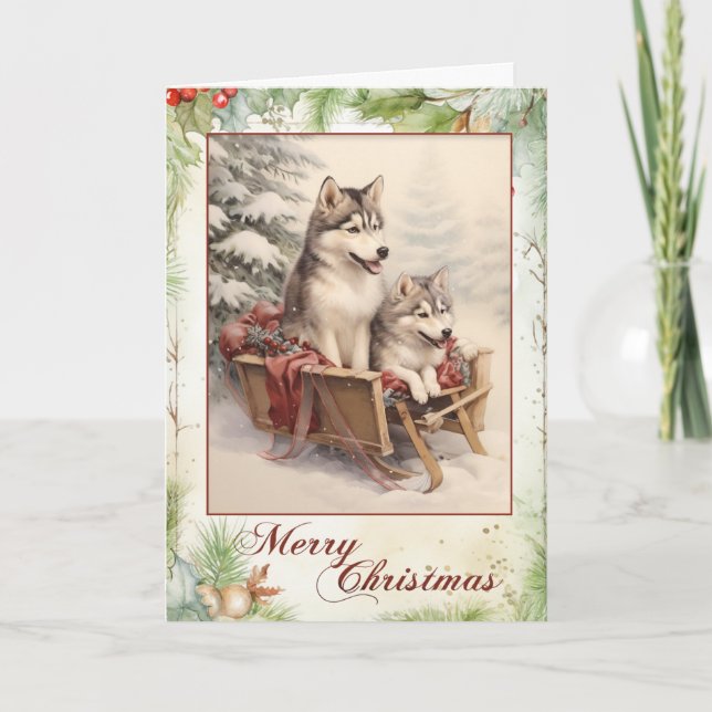 Victorian Siberian Husky Puppy Christmas Holiday Card (Front)