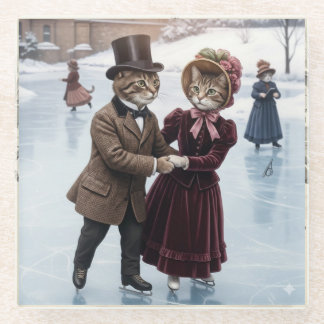 Victorian Skating Cats Glass Coaster
