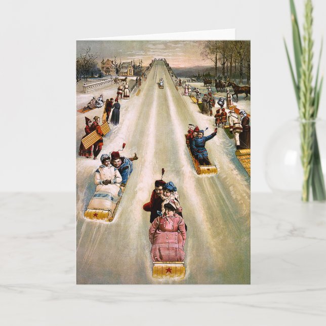 Victorian Sledding Hill Vintage Christmas Holiday Card (Front)