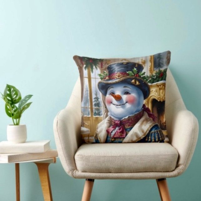 Victorian Snowman Christmas Design Cushion (Throw Pillow 100% polyester heavyweight stretch material. Hidden zipper Made in the USA.
)