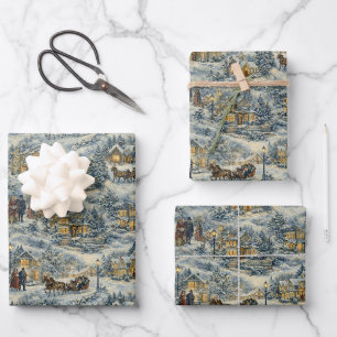 Victorian Snowy Village Christmas Illustration Wrapping Paper Sheet