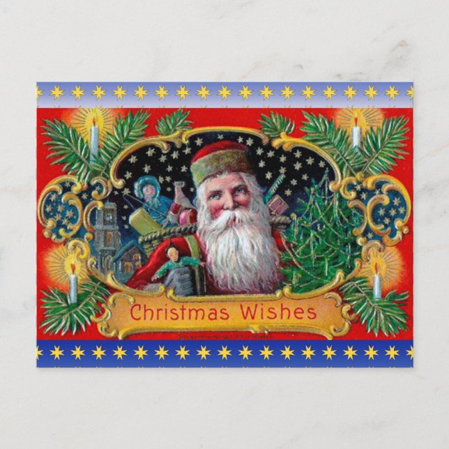Victorian St. Nick with Gold Stars and Toys Holiday Postcard (Front)