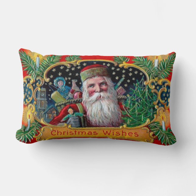Victorian St. Nick with Gold Stars and Toys Lumbar Cushion (Front)