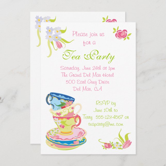 Victorian Stacked Tea Cups Tea Party Invitation (Front/Back)
