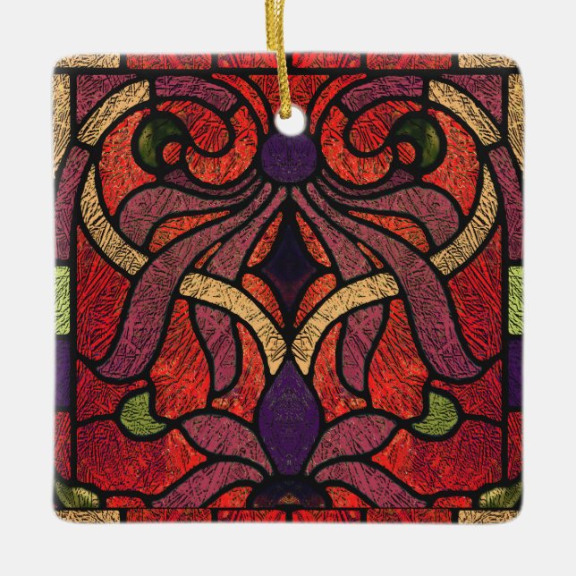Victorian Stained Glass in Maroon and Red Ceramic Ornament (Front)