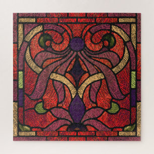 Victorian Stained Glass in Maroon and Red Jigsaw Puzzle