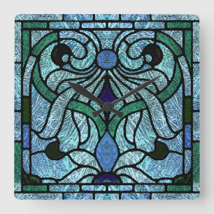 Victorian Stained Glass in Rich Blue Square Wall Clock