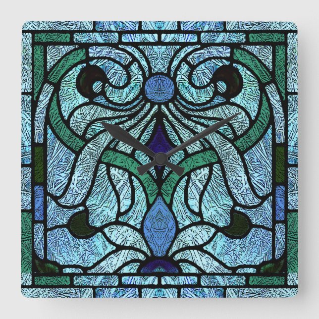 Victorian Stained Glass in Rich Blue Square Wall Clock (Front)