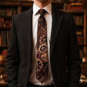 Victorian Steampunk Clockwork Gears Bronze Leather Tie