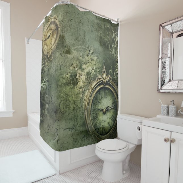 Victorian Steampunk Clockwork in Emerald Green Shower Curtain (In Situ)