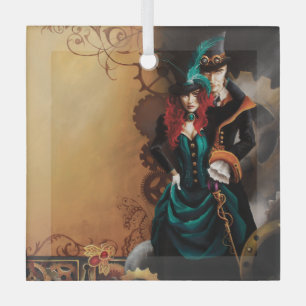 Victorian Steampunk Couple Elegance Romance  Glass Tree Decoration