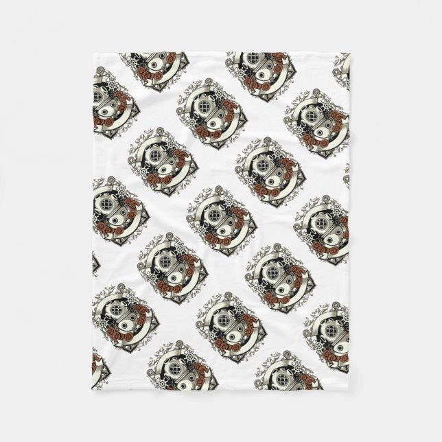 Victorian Steampunk Deep Sea Diver Red Roses Fleece Blanket (Front)