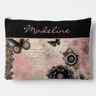 Victorian Steampunk Floral Pink and Black  Accessory Pouch