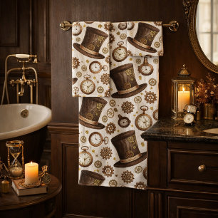Victorian Steampunk Hat and Clockwork Pattern Bath Towel Set