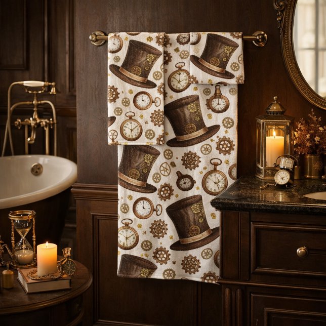 Victorian Steampunk Hat and Clockwork Pattern Bath Towel Set (Creator Uploaded)