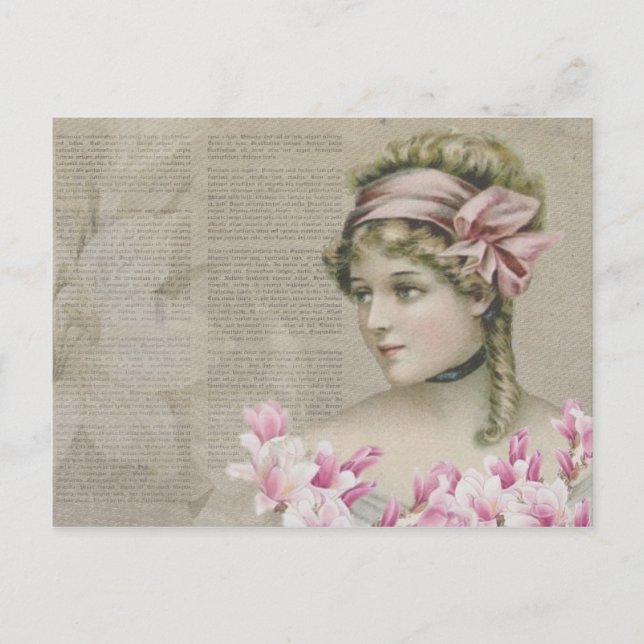 Victorian Steampunk Lady Pink Newspaper Postcard (Front)