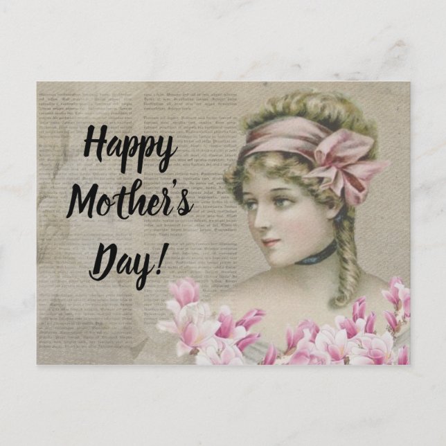 Victorian Steampunk Lady Pink Newspaper Postcard (Front)