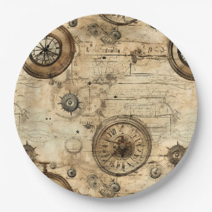 Victorian Steampunk Machinery Sepia Brown Paper Plate