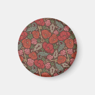 Victorian Steampunk Old Lock Key Red Poppies Magnet
