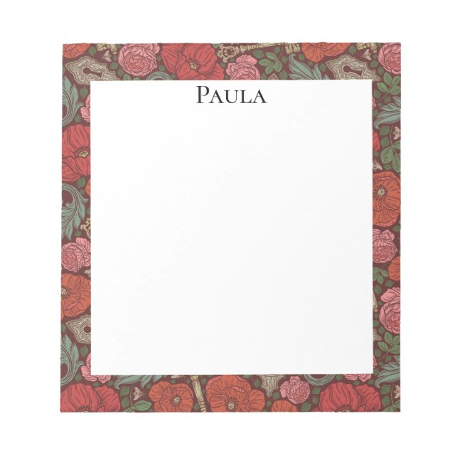 Victorian Steampunk Old Lock Key Red Poppies Notepad (Front)