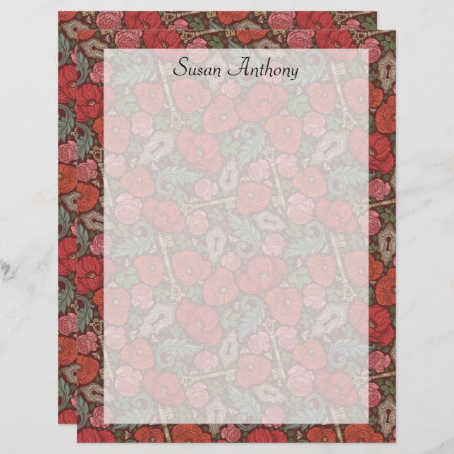 Victorian Steampunk Old Lock Key Red Poppies Paper (Front/Back)