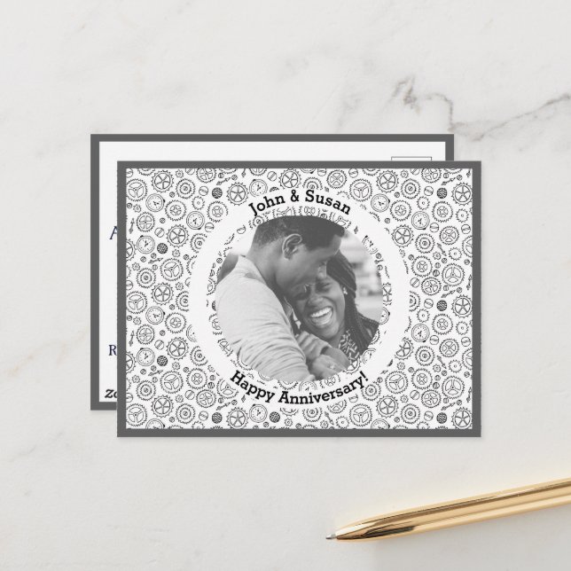 Victorian Steampunk White & Black Gears Clockwork Holiday Postcard (Front/Back In Situ)