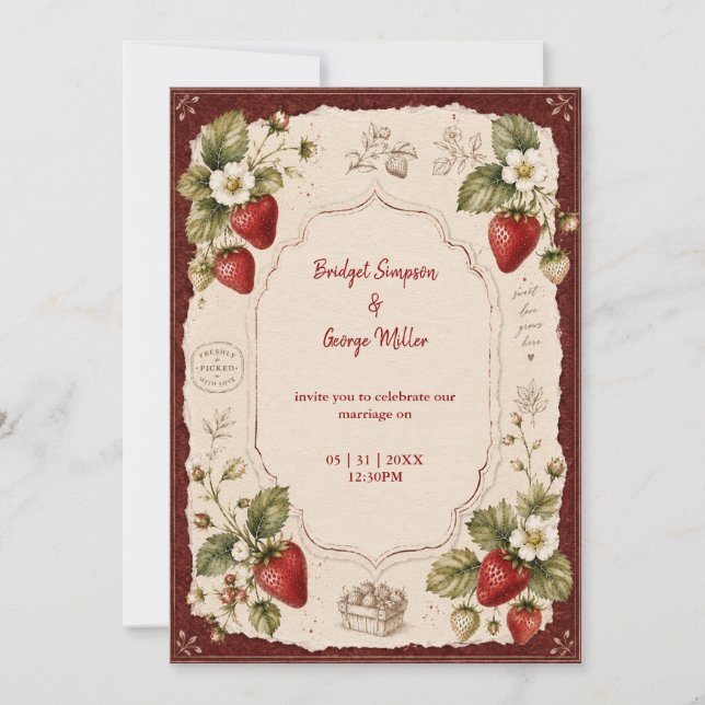 Victorian Strawberry botanical farmer Wedding Invitation (Front)