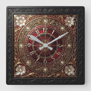 Victorian Style Black and Burgundy Pearlescent Square Wall Clock