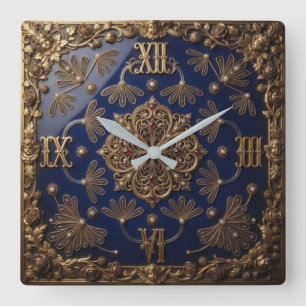 Victorian Style Blue and Gold and Pearl Details Square Wall Clock