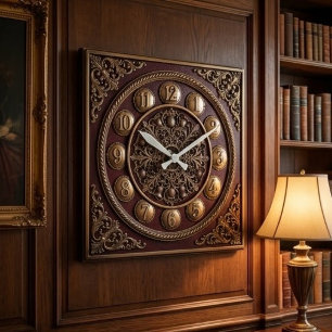 Victorian Style Burgundy and Bronze Filigree Square Wall Clock