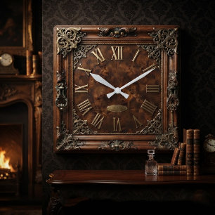 Victorian Style Burl Wood and Bronze Square Wall Clock
