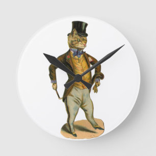Victorian style cat with top hat round clock