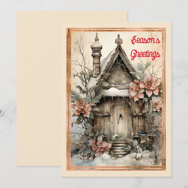 Victorian Style House Snow Floral Christmas  Holiday Card (Front/Back)