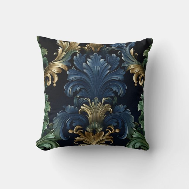 Victorian style ornamental shapes deep blue green cushion (Front)