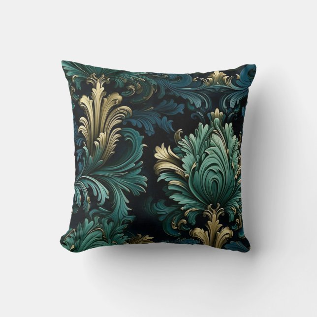 Victorian style ornamental shapes deep blue green cushion (Front)