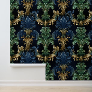 Victorian style ornamental shapes deep blue green wallpaper